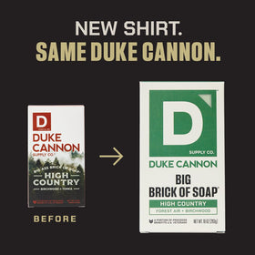 Duke Cannon bars held in hand for size comparison emphasizing substantial volume