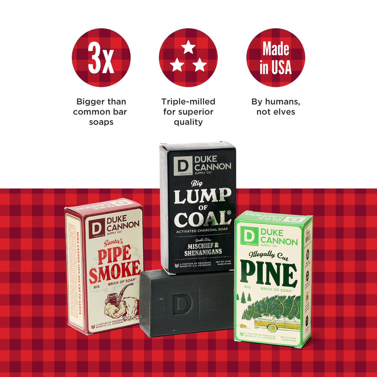 Duke Cannon bar in hand illustrating 10 oz size and long-lasting value