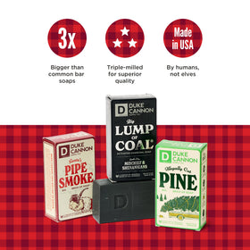 Duke Cannon bar in hand illustrating 10 oz size and long-lasting value