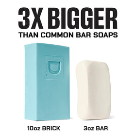 Duke Cannon bars beside a standard soap to show 10 oz size advantage