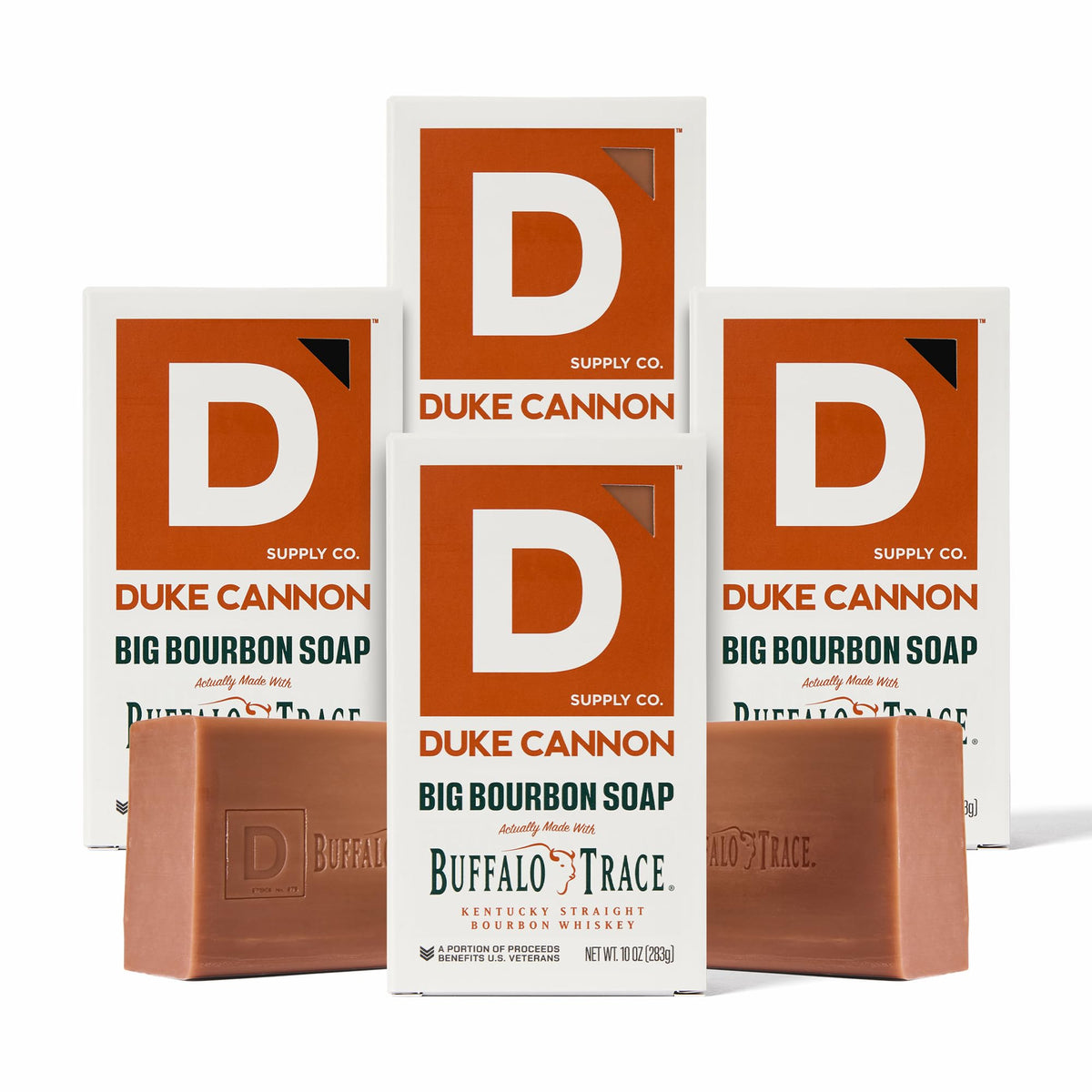 Duke Cannon front packaging showing four big bourbon soap bars and value