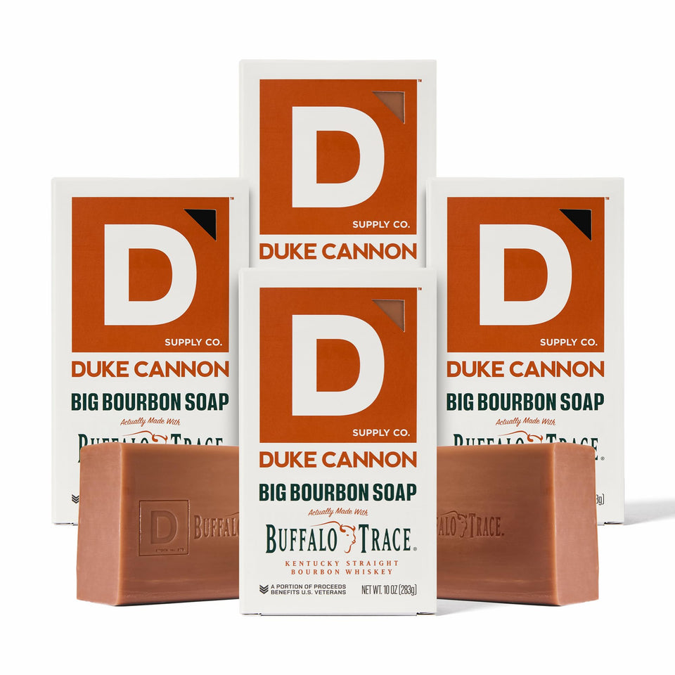 Duke Cannon front packaging showing four big bourbon soap bars and value