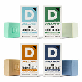 Duke Cannon front packaging showing four Big Brick bars and rugged design benefit