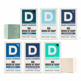 Duke Cannon front packaging showing six 10 oz bricks and variety