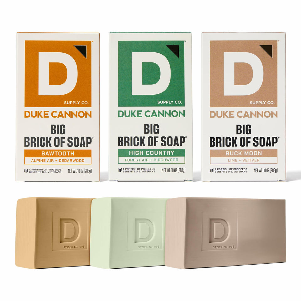 Duke Cannon big brick pack front showing three 10 oz bars and rugged branding, emphasizes value