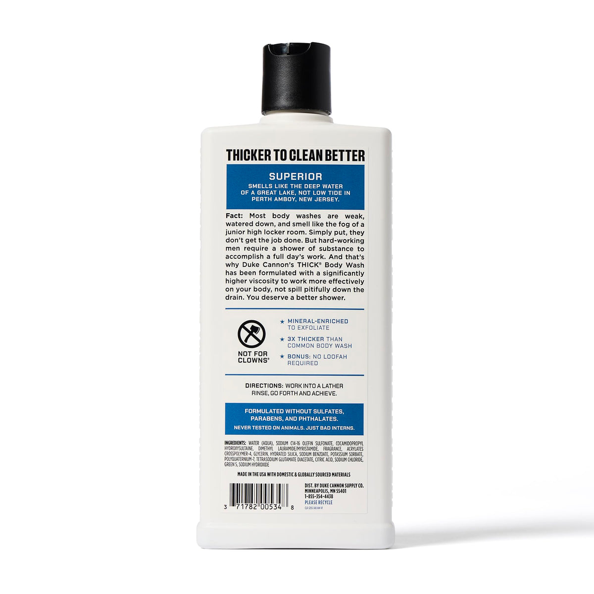 Duke Cannon bottle label close-up showing scent names and readability for informed choice