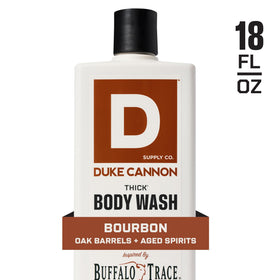 Duke Cannon bottle held in hand showing scale and durable 18oz size