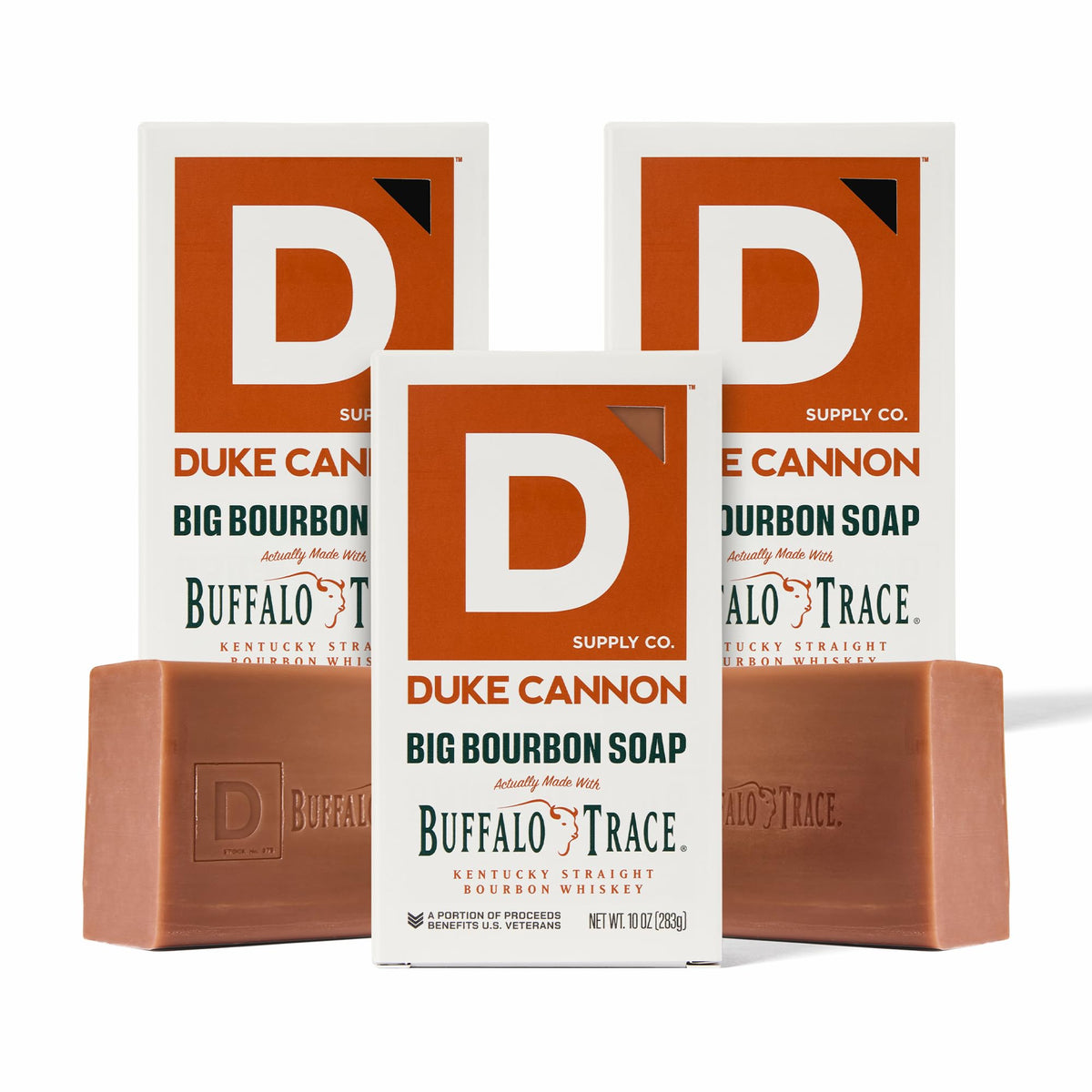 Duke Cannon front packaging showing three bourbon-scented bars and value bundle