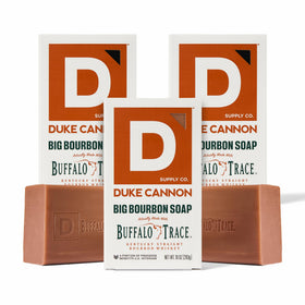 Duke Cannon front packaging showing three bourbon-scented bars and value bundle