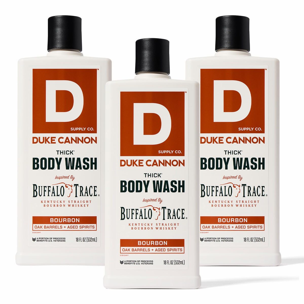 Duke Cannon front packaging showing 18oz bottle and bold label benefit