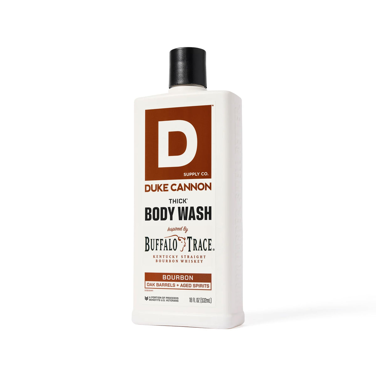 Duke Cannon bottle in shower setting showing active use after work