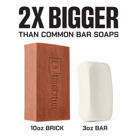 Duke Cannon soap placed in a bathroom setting signaling rugged lifestyle use
