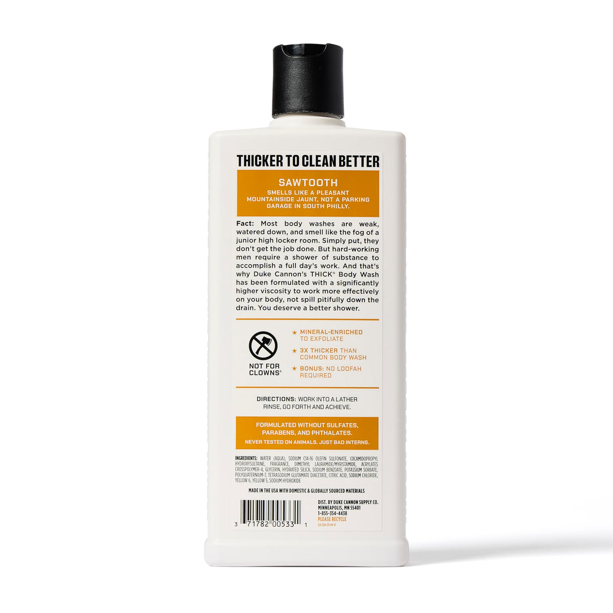Duke Cannon Sawtooth label close-up highlighting woody scent and rugged design