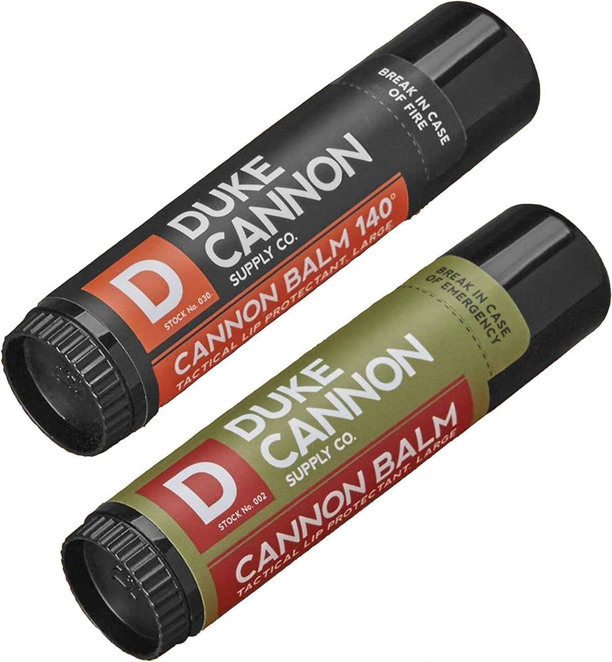 Duke Cannon duo front packaging showing two balms and benefits