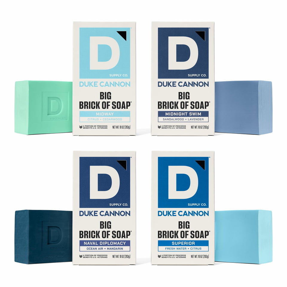 Duke Cannon four-pack front packaging showing all four scent names and bold design