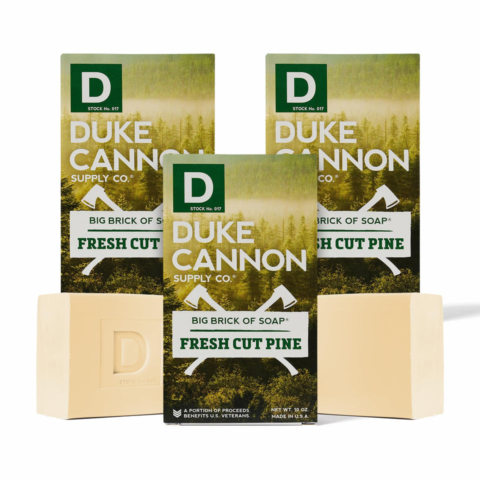 Duke Cannon front packaging showing bold pine scent and benefit long-lasting