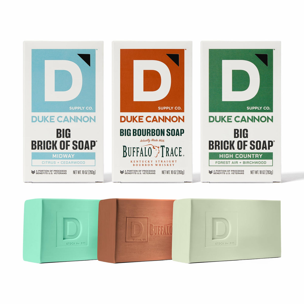 Duke Cannon front box packaging showing three 10 oz bars and variety benefits