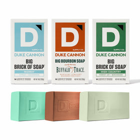 Duke Cannon front box packaging showing three 10 oz bars and variety benefits