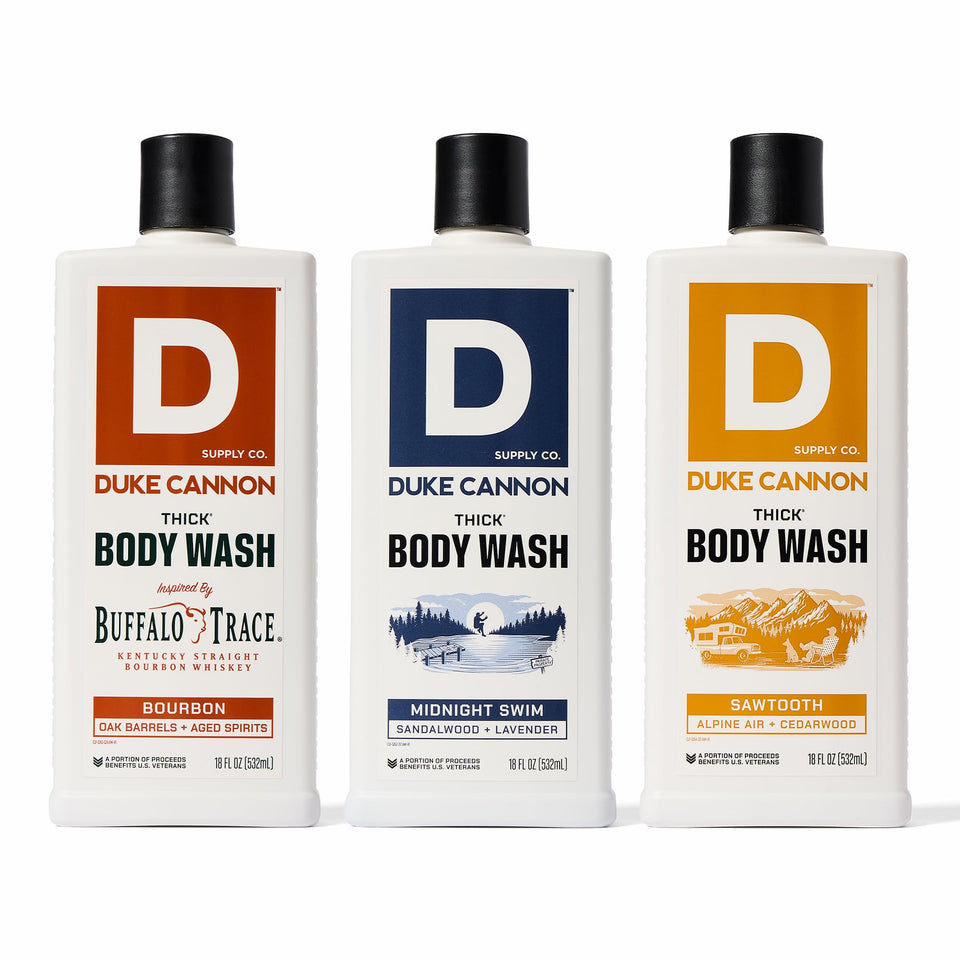 Duke Cannon front packaging showing 18oz bottle and bold branding for durable use
