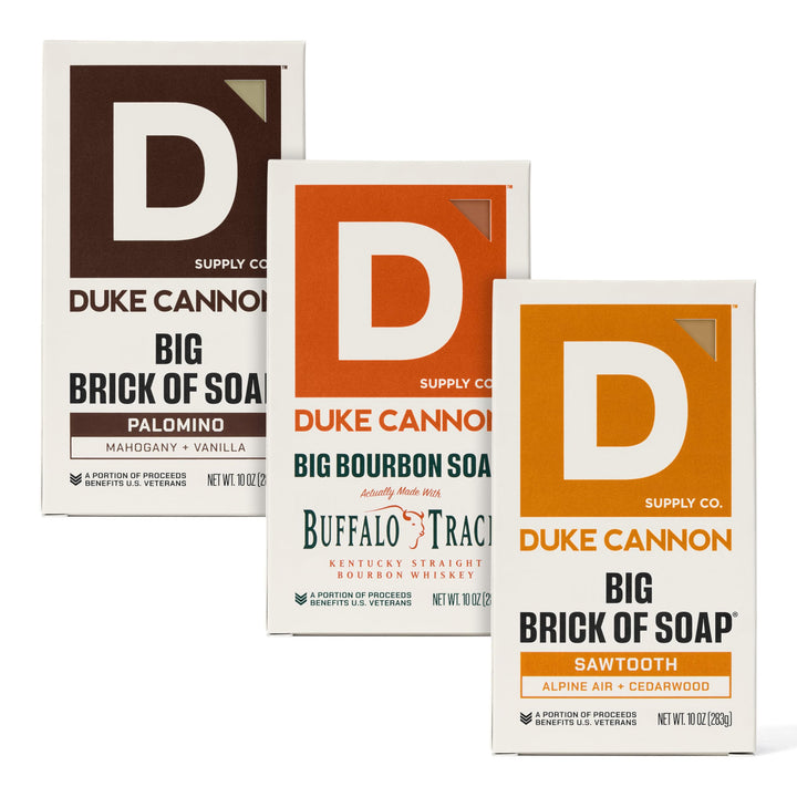 Duke Cannon front packaging showing three large bars and brand identity for easy selection