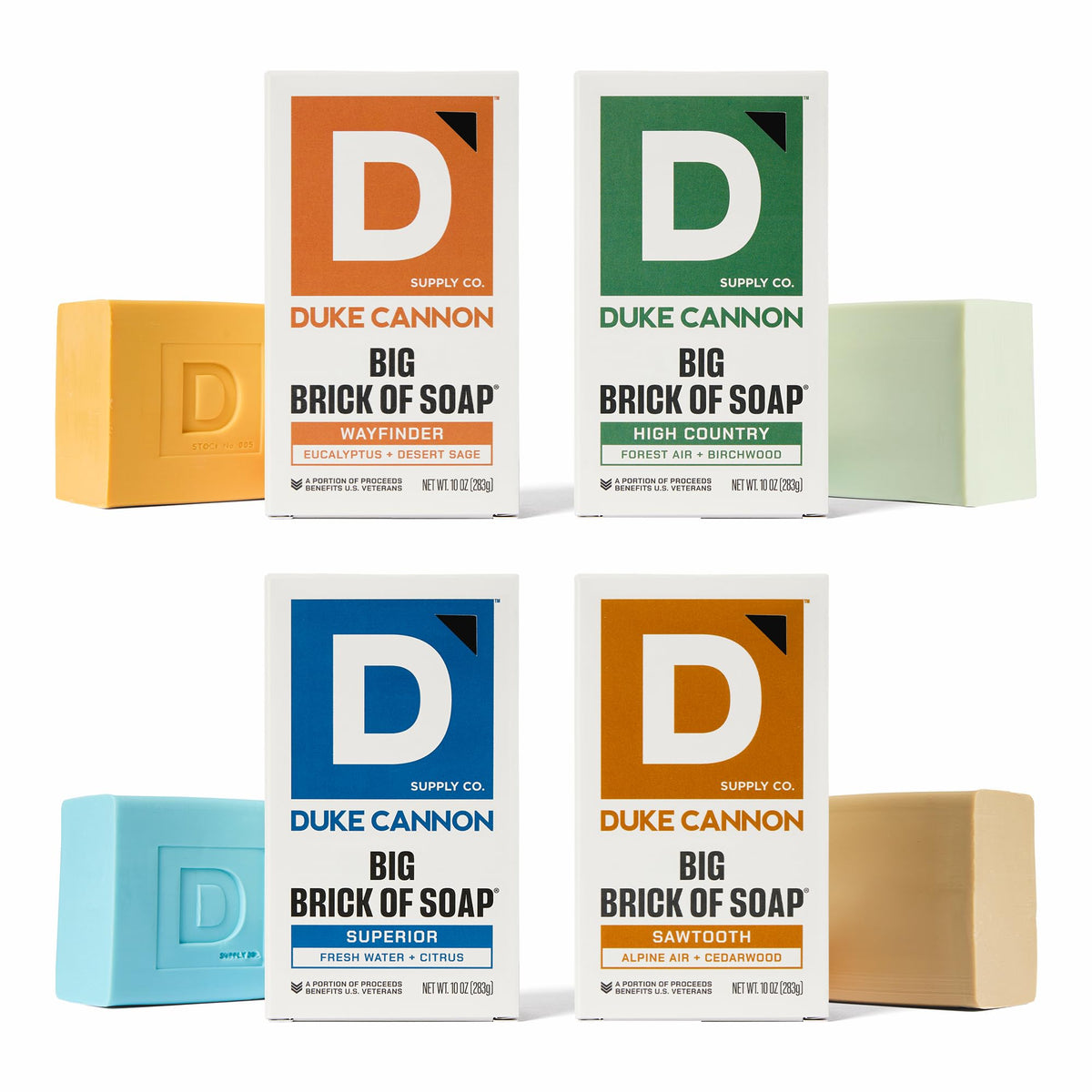 Duke Cannon front packaging view showing four large brick bars and durable box