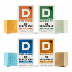 Duke Cannon front packaging view showing four large brick bars and durable box
