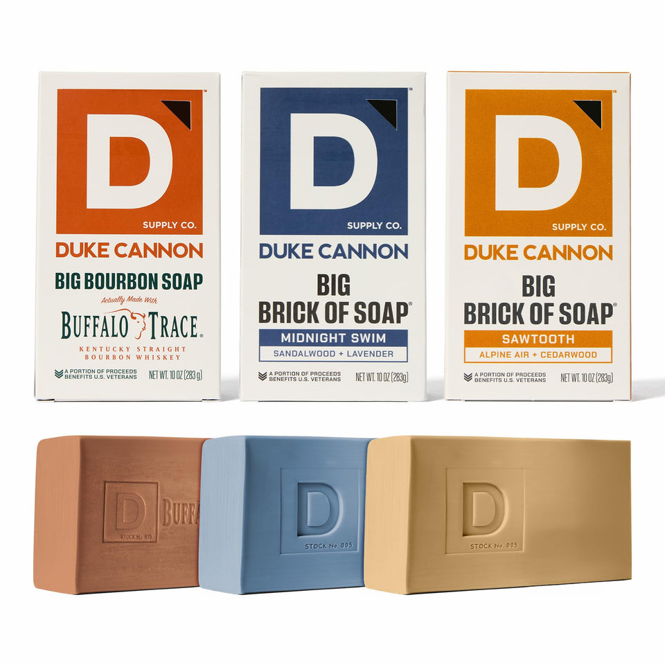 Duke Cannon front packaging bundle showing three large bars for value