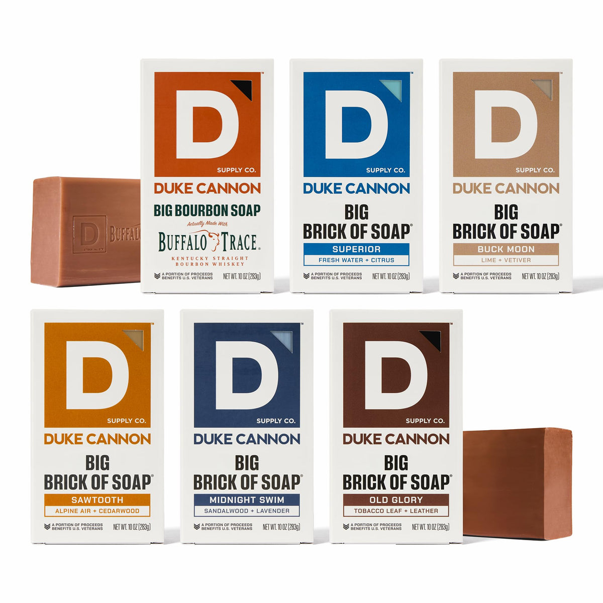 Duke Cannon front packaging bundle showcasing all six scent labels and bold branding.