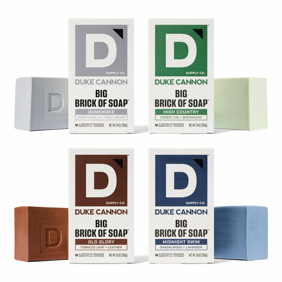 Duke Cannon front packaging showing four 10 oz bars and rugged branding for value
