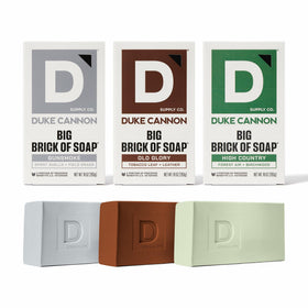 Duke Cannon front packaging showing three big brick bars and variety pack benefit