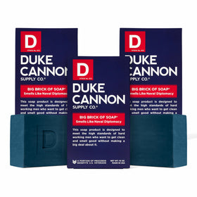 Duke Cannon front packaging showing Naval Diplomacy scent and bold branding, durable large bar benefit