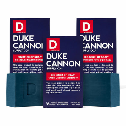 Duke Cannon front packaging showing Naval Diplomacy scent and bold branding, durable large bar benefit