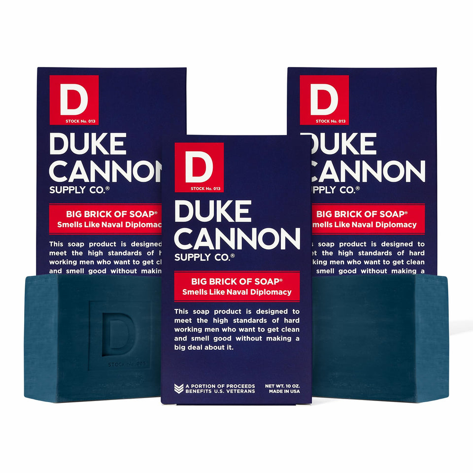 Duke Cannon front packaging showing Naval Diplomacy scent and bold branding, durable large bar benefit