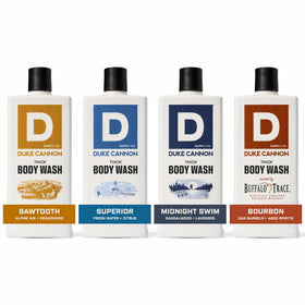 Duke Cannon front packaging showing four scent bottles and rugged branding for gift-ready appeal