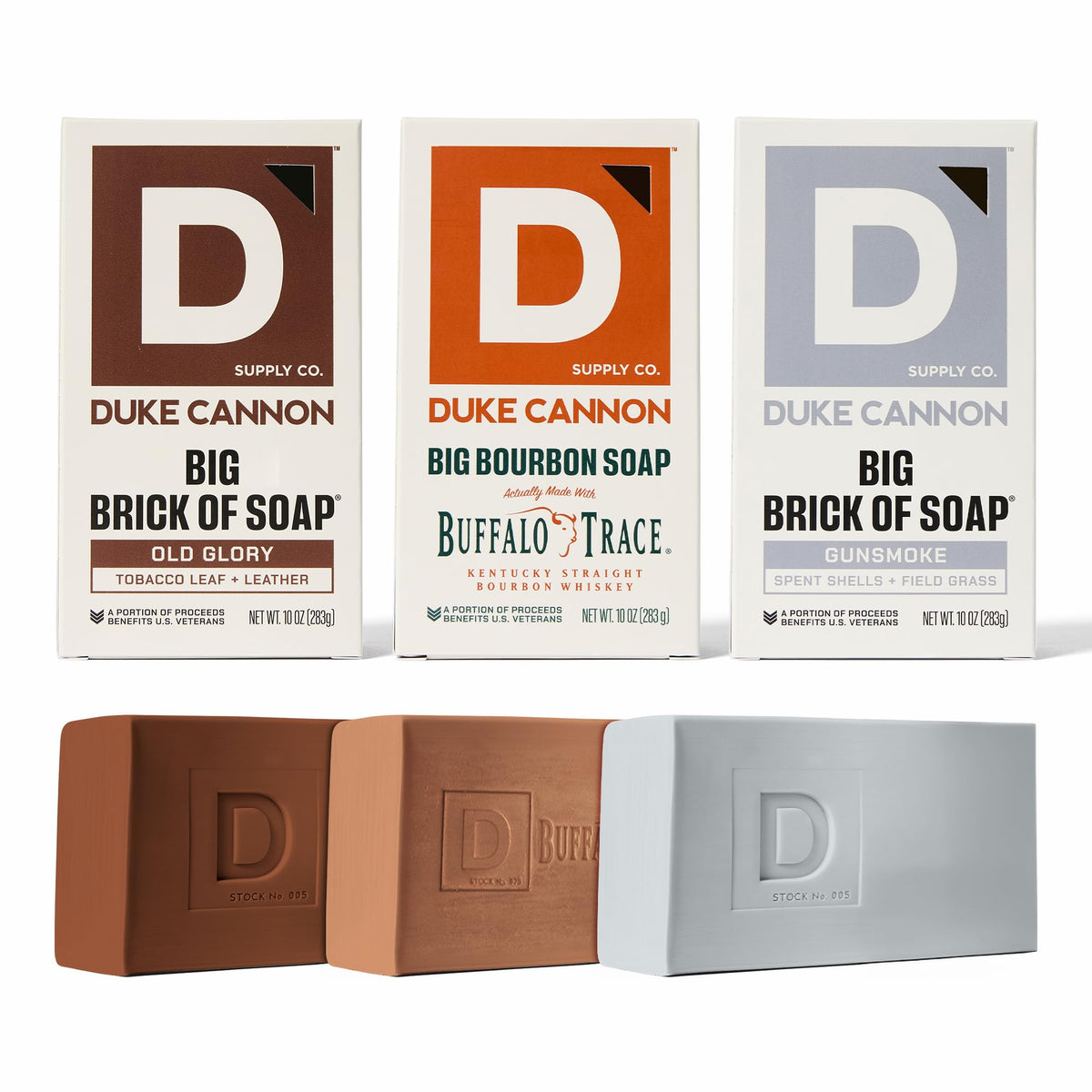 Duke Cannon front packaging showing three large bars and bold branding for durable use