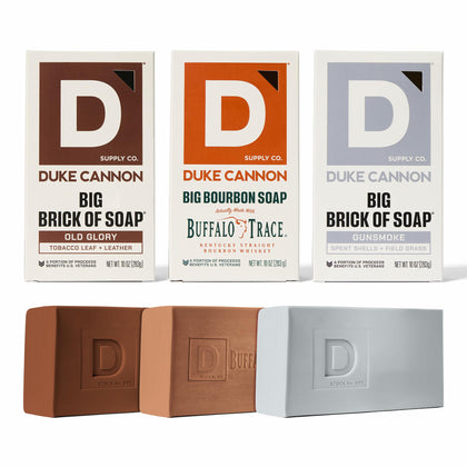 Duke Cannon front packaging showing three large bars and bold branding for durable use