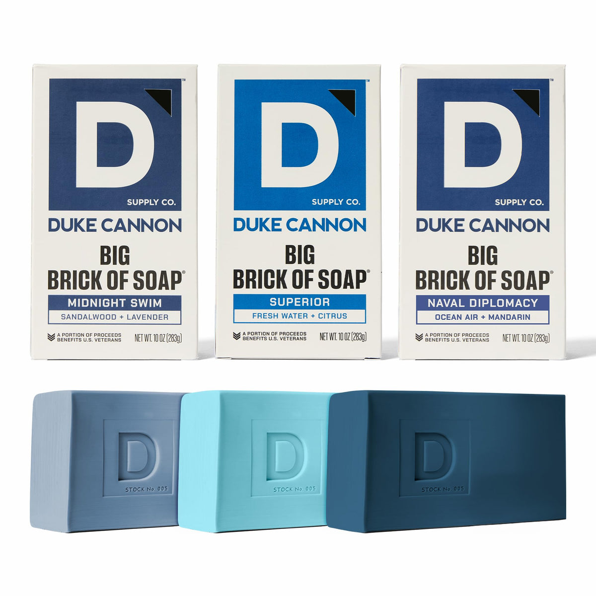 Duke Cannon front packaging trio showing the three scented bars and bold branding