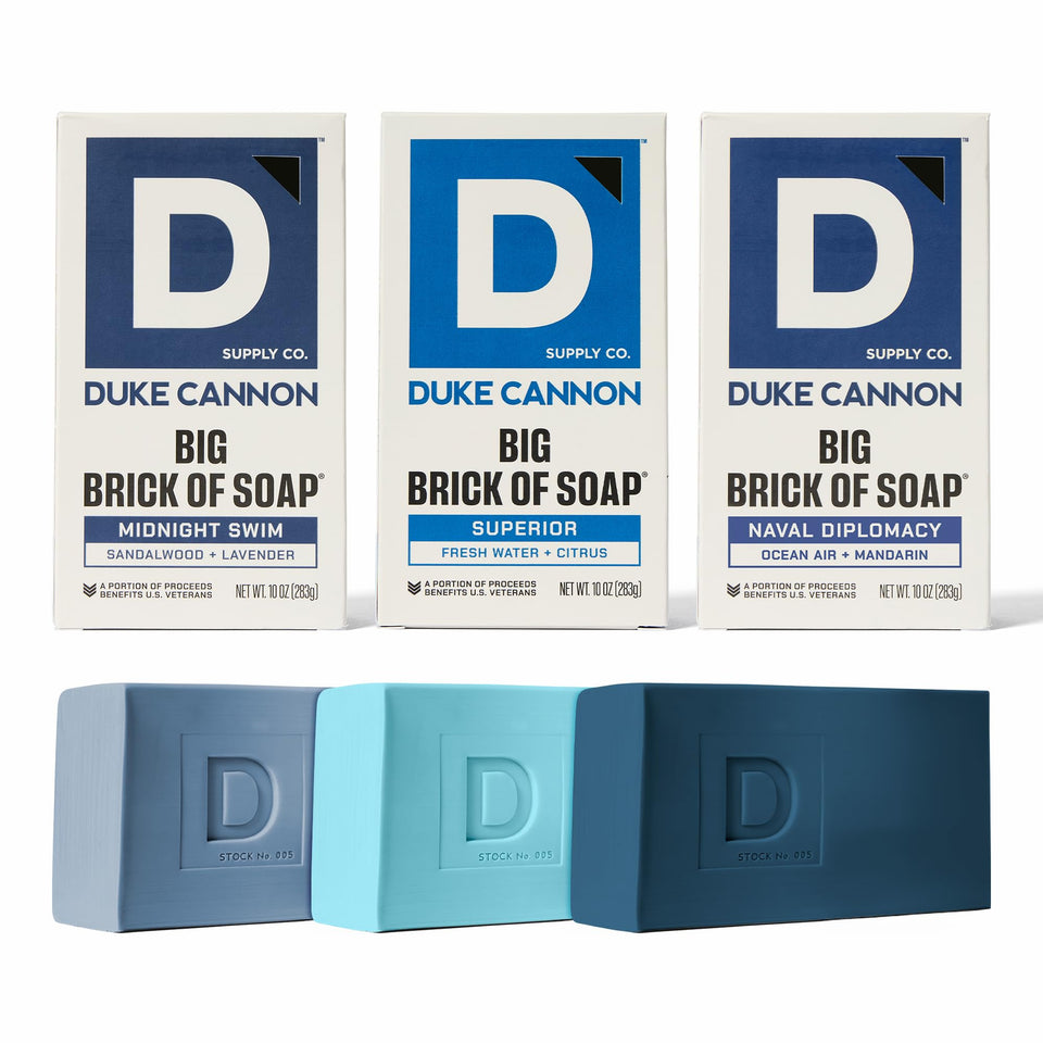 Duke Cannon front packaging trio showing the three scented bars and bold branding
