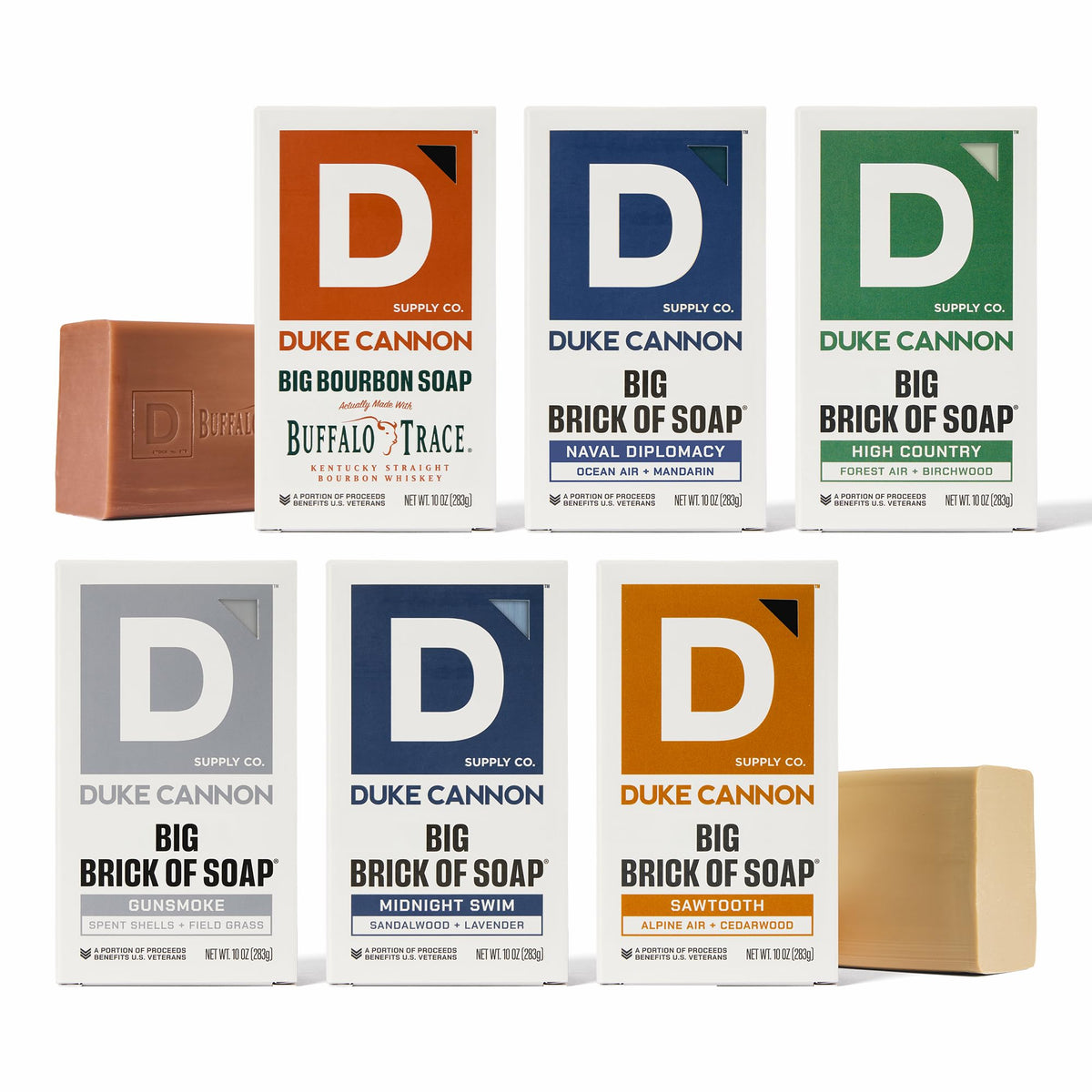Duke Cannon front packaging showing six 10 oz bars and durable box benefit