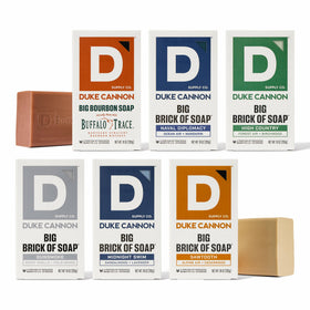 Duke Cannon front packaging showing six 10 oz bars and durable box benefit