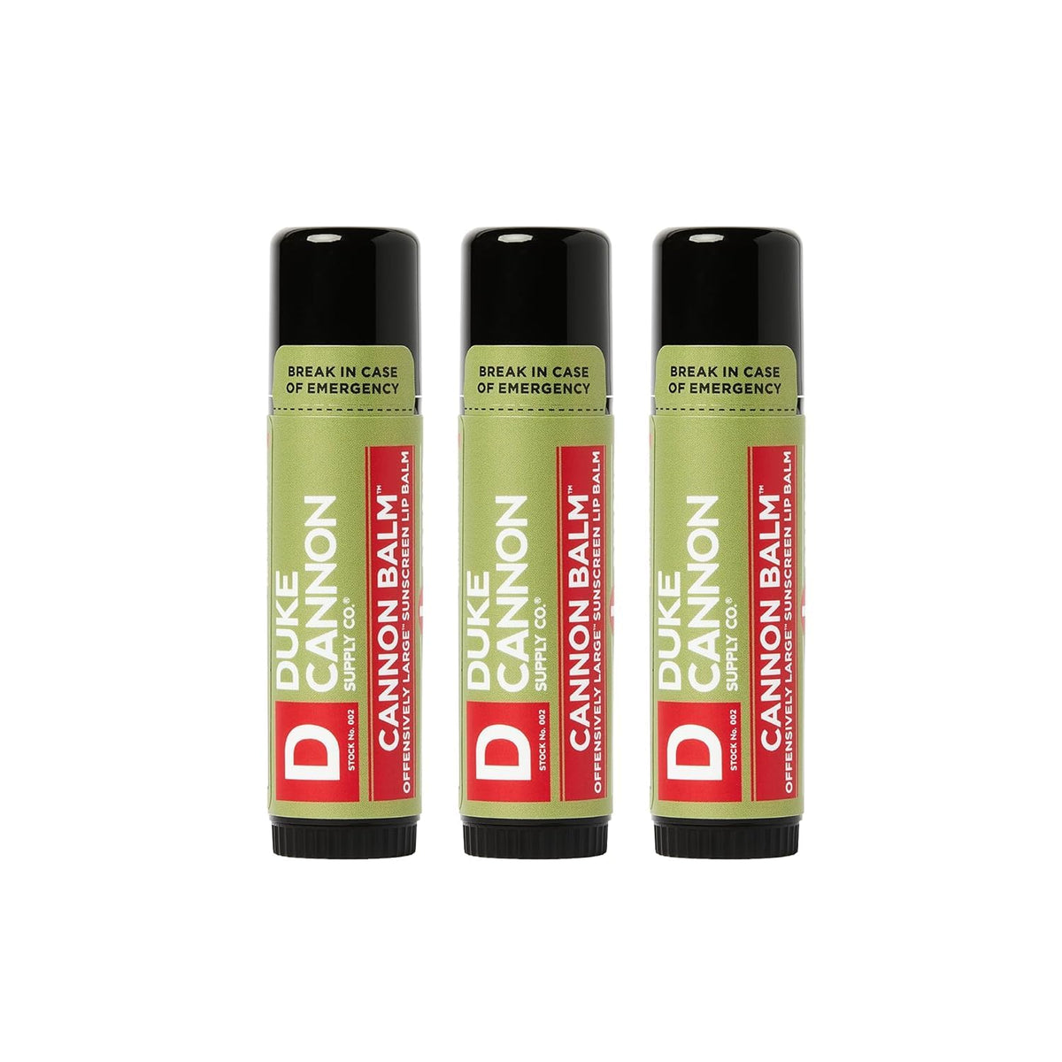 Duke Cannon front packaging showing three tubes and durable design benefit