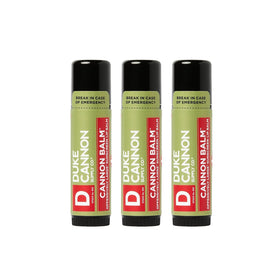 Duke Cannon front packaging showing three tubes and durable design benefit