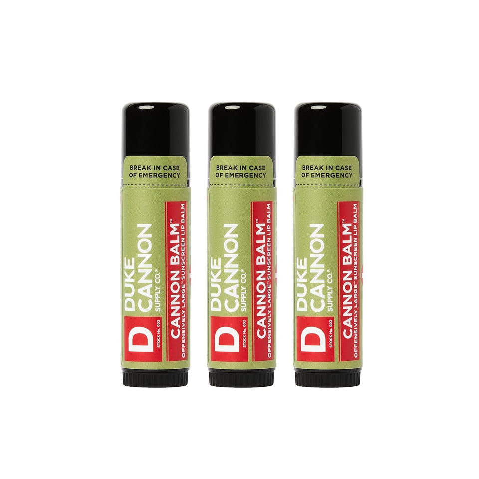 Duke Cannon front packaging showing three tubes and durable design benefit