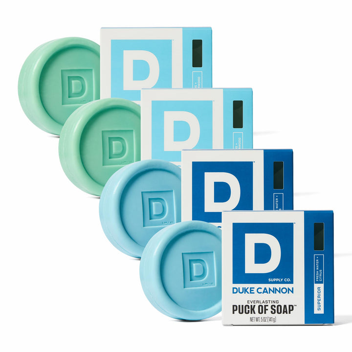 Duke Cannon front packaging showing four 5 oz soap pucks and branding for lasting value