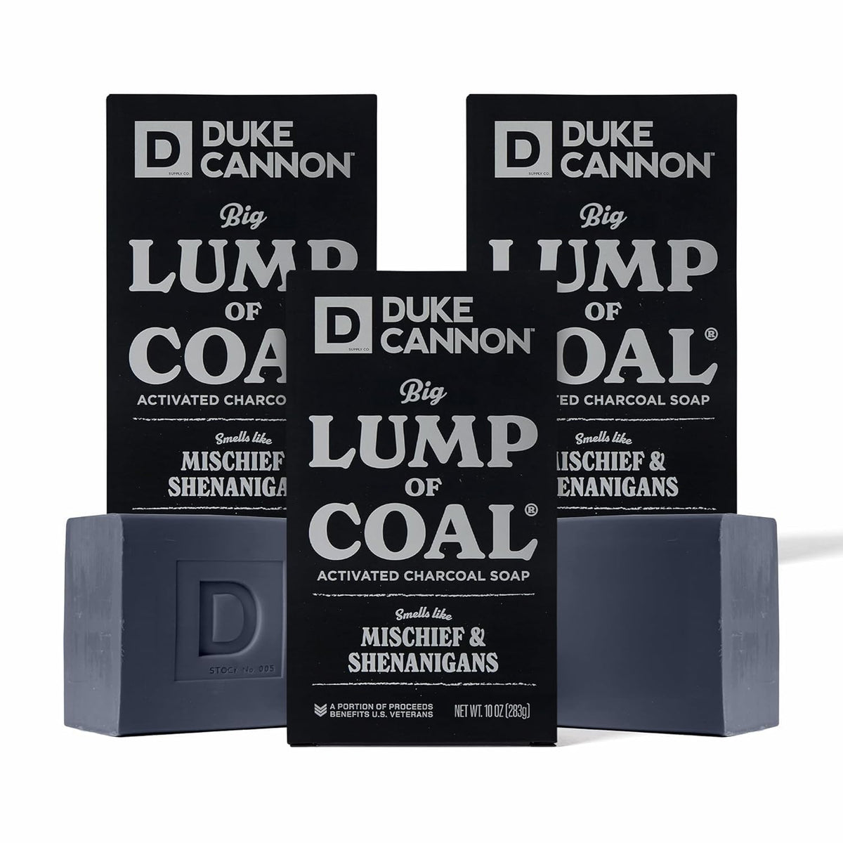Duke Cannon front packaging showing large holiday soap bar benefit: gift-ready
