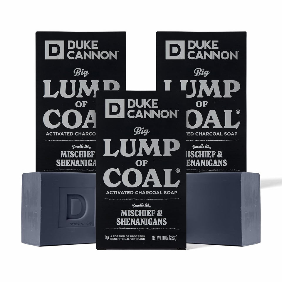 Duke Cannon front packaging showing large holiday soap bar benefit: gift-ready