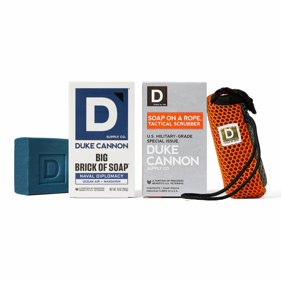 Duke Cannon front packaging of the Naval Diplomacy set showing rugged gift-ready box and branding