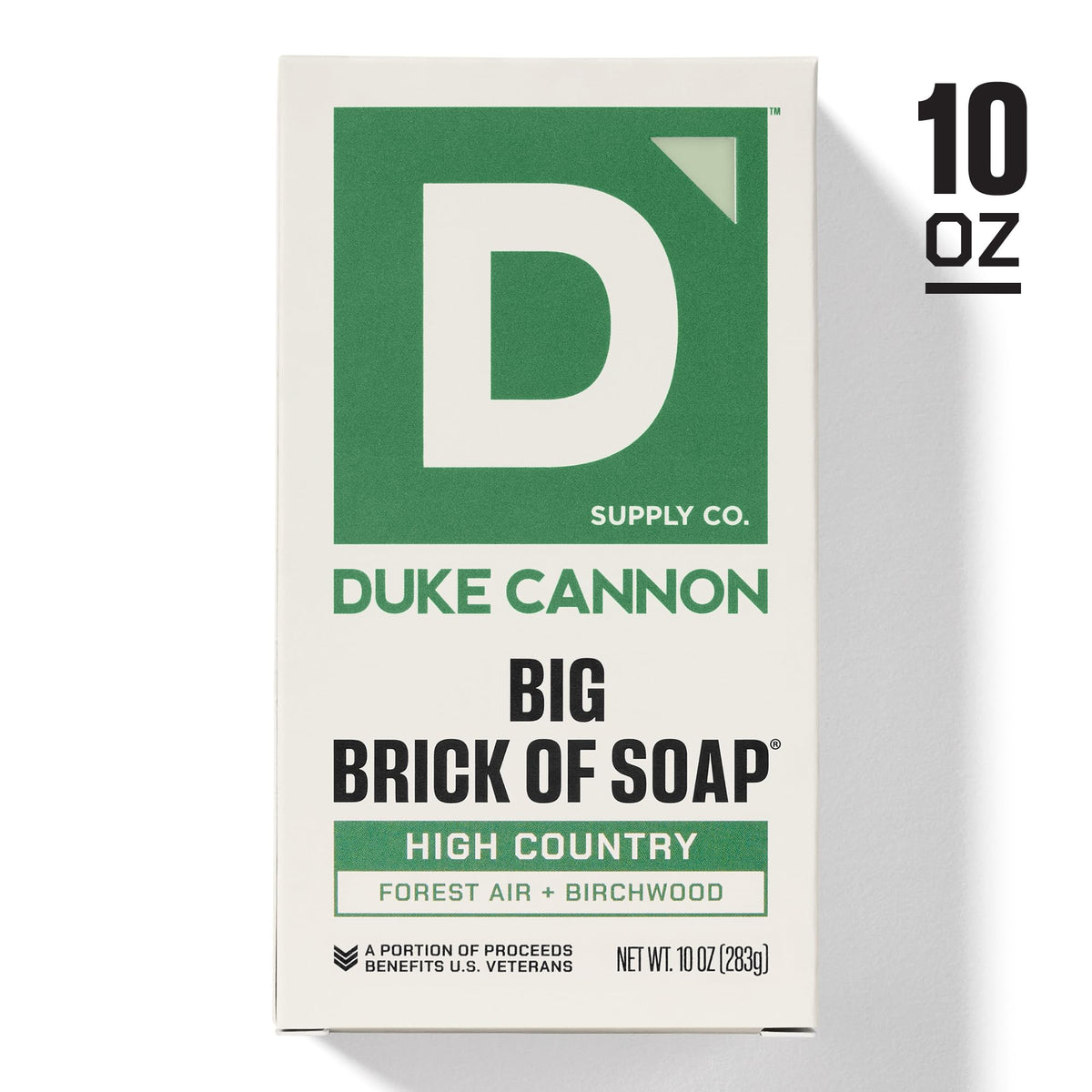 Duke Cannon High Country label detail showing scent and veteran support