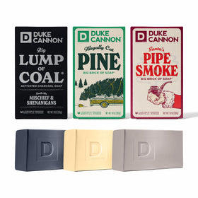 Duke Cannon front package view showing three holiday soap bars and bold branding