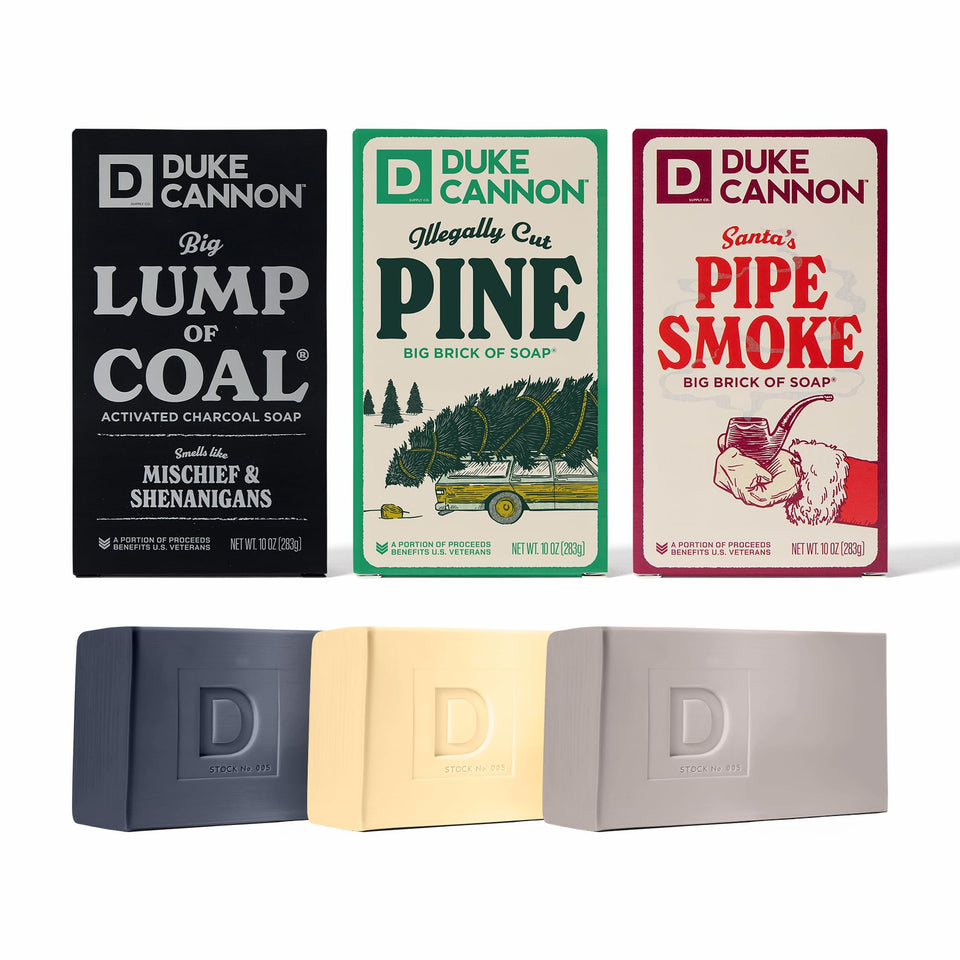 Duke Cannon front package view showing three holiday soap bars and bold branding